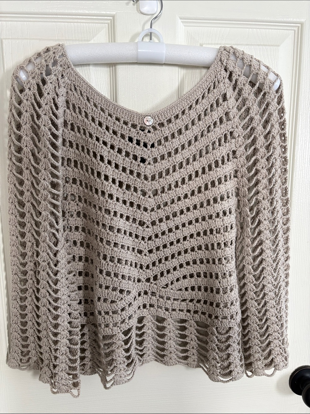 Crochet Openwork Poncho Sweater in Light Taupe